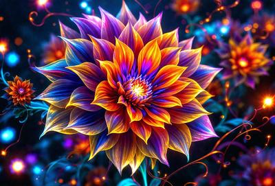 The primary subject of the image is a large, colorful flower with a vibrant and lively appearance. The flower is the focal point of the scene, and it is surrounded by a variety of other flowers, creating a visually appealing and diverse environment. The setting appears to be a garden or a similar outdoor space, with the flowers blooming and thriving in their natural habitat. The visual style of the image is a combination of photo and digital art, as it captures the beauty and intricacy of the
