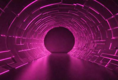 The primary subject of the image is a large, pink tunnel. The setting is a dark room with a purple glow, creating a unique and visually striking atmosphere. The visual style of the image is a combination of digital art and illustration, with the tunnel's shape and color giving it a futuristic and surreal appearance. The dominant colors in the image are pink and purple, which contribute to the overall mood of the scene.