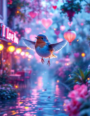 The primary subject of the image is a small blue bird with a red breast, flying in the air. The bird is surrounded by a beautiful and colorful environment, featuring a pink and purple sky, and a street lined with pink flowers. The visual style of the image is a combination of photo and digital art, creating a vibrant and lively atmosphere. The colors and mood of the image are predominantly pink and purple, giving the scene a warm and inviting feel.