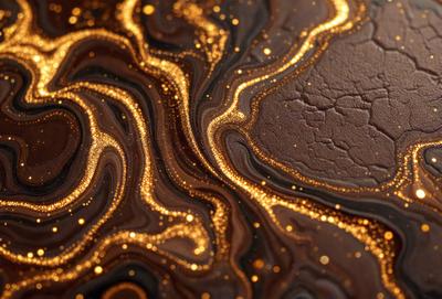 The primary subject of the image is a close-up of a chocolate-colored substance, possibly a chocolate sauce or a chocolate-covered surface. The setting appears to be a kitchen or a dining area, as the chocolate is placed on a table. The visual style of the image is a close-up, which emphasizes the details of the chocolate. The colors and mood of the image are predominantly dark and rich, with the chocolate being the main