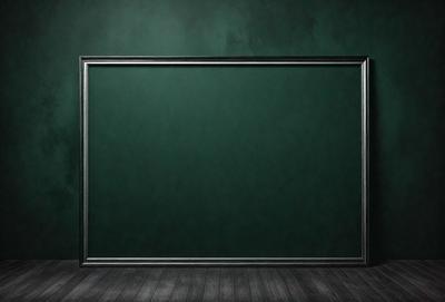 The primary subject of the image is a large green canvas or painting. The setting is a room with a wooden floor, and the visual style appears to be a painting or a large canvas. The dominant colors are green, and the overall atmosphere is calm and serene.