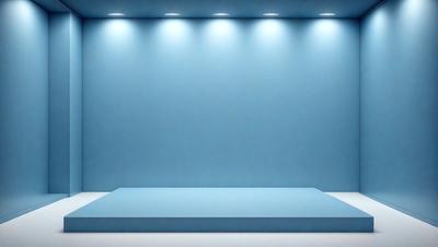 The primary subject of the image is a blue wall with a blue background. The setting is a stage or a platform, which is the main focus of the image. The visual style is a photo, and the colors and mood are predominantly blue, creating a calm and serene atmosphere.