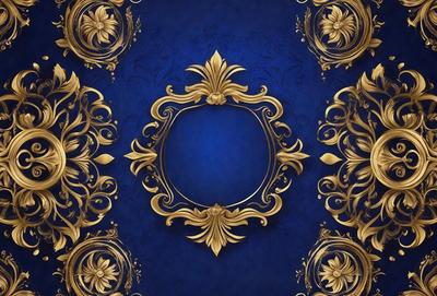 The primary subject of the image is a gold and blue decorative design, possibly a wallpaper or a pattern. The setting is a blue background, which complements the gold and blue colors of the design. The visual style appears to be a digital art or illustration, as it is a well-crafted and detailed design. The colors and mood of the image are predominantly gold and blue, creating a sense of elegance and sophistication.