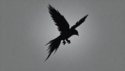 The primary subject of the image is a black bird with a large wing span, flying in the air. The bird is the main focus of the image, and it appears to be a realistic representation of a bird in flight. The setting is a gray background, which provides a neutral and unobtrusive environment for the bird to be the center of attention. The visual style of the image is a black and white drawing, which adds a sense of depth and contrast to the scene. The overall atmosphere of the image is dynamic and captiv