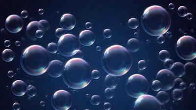 The primary subject of the image is a group of bubbles floating in a blue background. The setting appears to be a dark, possibly nighttime, environment. The visual style of the image is a close-up of the bubbles, which gives a sense of depth and texture to the scene. The colors in the image are predominantly blue, which creates a calm and serene atmosphere.