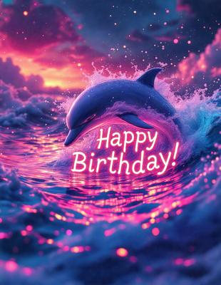 The primary subject of the image is a happy birthday message. The setting is a pink ocean with a dolphin swimming in it. The visual style is digital art, and the colors and mood are predominantly pink, creating a warm and celebratory atmosphere.