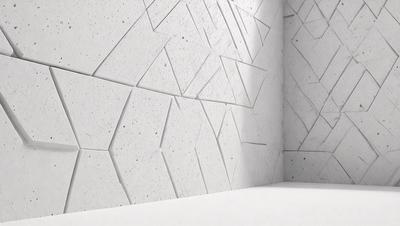 The primary subject of the image is a large, white wall with a pattern of white and grey bricks. The setting is a room with a white floor, and the visual style appears to be a combination of a photo and digital art. The colors and mood of the image are predominantly white and grey, creating a clean and minimalist atmosphere.