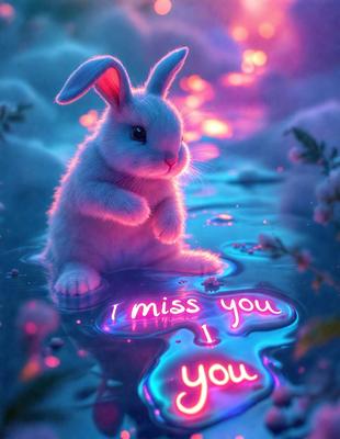 The primary subject of the image is a cute bunny sitting in a body of water, possibly a pond. The setting is a serene environment with a purple hue, which adds a sense of whimsy to the scene. The visual style is a combination of digital art and illustration, creating a unique and eye-catching image. The colors and mood are predominantly purple, giving the scene a calming and enchanting atmosphere.