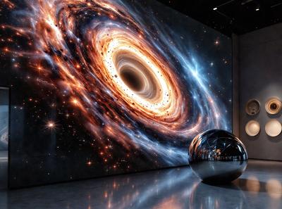 The primary subject of the image is a large, round, reflective ball, which is the main focus of the scene. The ball is placed in a room with a backdrop of a large, colorful, and intricate painting of a black hole. The visual style of the image is a combination of a photo and digital art, creating a unique and captivating atmosphere. The dominant colors in the image are black, white, and various shades of blue, which contribute to the overall mood of the scene.