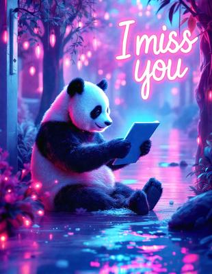 The primary subject of the image is a panda bear sitting on the ground and using a tablet computer. The setting is a forest with a pink glow, creating a whimsical and magical atmosphere. The visual style is a digital art, with the panda bear and the tablet computer being the main focus of the image. The colors and mood are predominantly pink, giving the scene a warm and inviting feel.