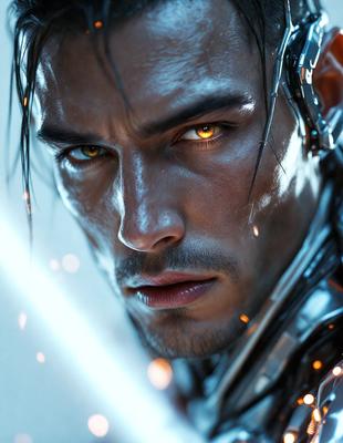 The primary subject of the image is a man with long hair and a beard. He has a piercing gaze and is wearing a silver suit. The setting is a futuristic environment, possibly a space station or a high-tech facility. The visual style is a digital art or illustration, with the man's eyes glowing yellow, adding a dramatic and intense effect to the image. The colors and mood are predominantly silver and futuristic, creating a sense of mystery and intrigue.