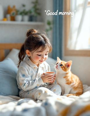 The primary subject of the image is a young girl sitting on a bed, holding a cup of coffee. The setting is a cozy bedroom, with a bed visible in the background. The visual style is a photo, capturing a candid moment between the girl and her cat. The colors in the image are predominantly warm and inviting, creating a comfortable and relaxing atmosphere.