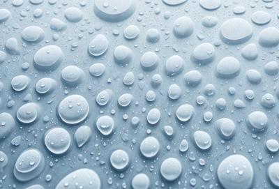 The primary subject of the image is a close-up of a water droplet on a surface. The setting is a blue background, which adds a sense of depth and contrast to the scene. The visual style is a realistic representation of the water droplet, capturing its details and texture. The colors and mood of the image are predominantly blue, creating a calm and serene atmosphere.