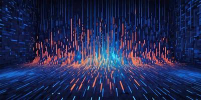 The primary subject of the image is a brightly lit, colorful display of lights. The setting is a dark background, which contrasts with the vibrant colors of the lights. The visual style is a combination of digital art and illustration, creating a dynamic and eye-catching scene. The colors and mood of the image are predominantly blue and orange, giving it a lively and energetic atmosphere.