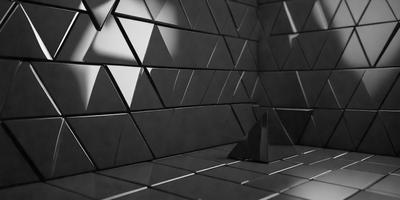 The primary subject of the image is a black triangle, which is the main object, scene, or focus of the image. The setting or background consists of a black and white tiled wall, which adds a contrasting element to the scene. The visual style of the image is a black and white photo, giving it a classic and timeless appearance. The colors and mood of the image are predominantly black and white, creating a sense of depth and contrast.