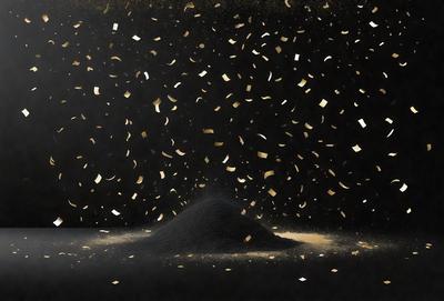 The primary subject of the image is a pile of black powder, which is the main focus of the scene. The setting is a dark room with a backdrop of gold confetti, creating a contrasting and visually striking environment. The visual style of the image is a combination of photo and digital art, as it appears to be a photograph with a digital artistic touch. The colors and mood of the image are predominantly dark, with the gold confetti adding a touch of brightness and contrast.