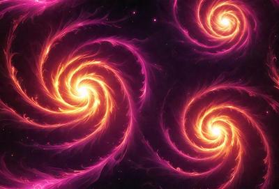 The primary subject of the image is a purple and orange spiral pattern, which is the main object, scene, or focus of the image. The setting or background of the image is a dark, purple and orange space, which adds to the overall atmosphere. The visual style of the image is a digital art or illustration, as it is a well-crafted and detailed design. The colors and mood of the image are vibrant and energetic, with the purple and orange hues creating a sense of depth
