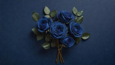 The primary subject of the image is a bouquet of blue roses. The setting is a dark blue background, which creates a dramatic and moody atmosphere. The visual style is a close-up of the bouquet, showcasing the details of the flowers. The colors and mood of the image are predominantly dark and mysterious, with the blue roses standing out as the focal point.
