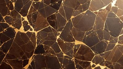 The primary subject of the image is a close-up of a marble wall with a gold-colored pattern. The setting is a room with a brown background. The visual style is a combination of a photo and digital art, creating a unique and intricate design. The dominant colors are gold and brown, giving the wall a warm and luxurious appearance.