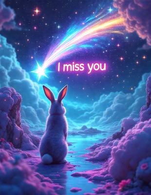 The primary subject of the image is a bunny sitting on a cloud. The setting is a night sky with a star, and the visual style is digital art. The dominant colors are purple and pink, creating a warm and dreamy atmosphere.