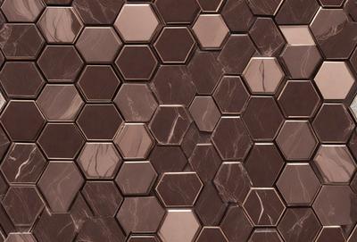 The primary subject of the image is a marble tile with a pattern of hexagons. The setting is a wall, and the visual style is a close-up of the tile. The colors and mood of the image are predominantly brown, giving it a warm and natural appearance.
