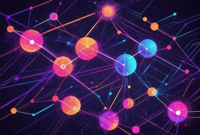 The primary subject of the image is a colorful, abstract pattern made up of various shapes and colors. The setting is a dark background, which contrasts with the vibrant colors of the pattern. The visual style is a combination of digital art and illustration, creating a unique and eye-catching design. The dominant colors are a mix of pink, orange, blue, and purple, giving the pattern a lively and energetic atmosphere.