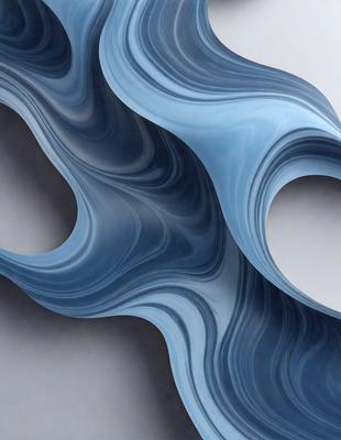 The primary subject of the image is a blue, swirling, and curling pattern. The setting is a white background, which provides a clean and minimalist appearance. The visual style is a digital art or illustration, as the pattern appears to be a digital creation. The dominant colors are blue and white, creating a calm and soothing atmosphere.