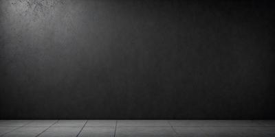 The primary subject of the image is a black wall with a grey tiled floor. The setting is a room with a black wall, and the visual style is a photo. The colors and mood of the image are dark and moody, with the black wall and grey tiles creating a sense of depth and contrast.