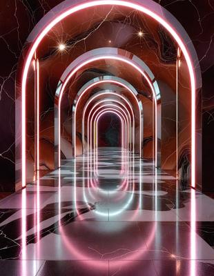 The primary subject of the image is a long, narrow hallway with a marble floor. The setting is a stone-walled passage, and the visual style appears to be a combination of photo and digital art. The colors and mood of the image are predominantly pink, creating a warm and inviting atmosphere.