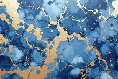 The primary subject of the image is a blue and gold patterned wallpaper. The setting is a room with a blue and gold wallpapered wall. The visual style is a close-up of the wallpaper, showcasing the intricate design. The dominant colors are blue and gold, creating a warm and inviting atmosphere.