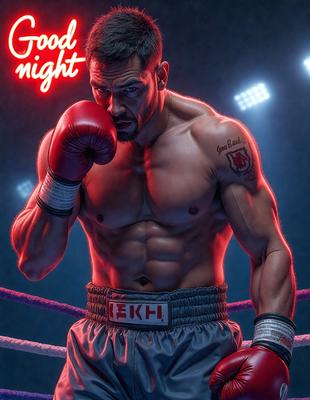 The primary subject of the image is a man wearing a boxing glove and posing for a picture. He is standing in a boxing ring, which serves as the setting for the scene. The visual style of the image is a digital art or illustration, with the man's muscular physique and the boxing glove being the main focus. The colors and mood of the image are bold and intense, with the red boxing glove and the man's determined expression adding to the overall atmosphere.