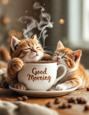 The primary subject of the image is a white coffee cup with a brown saucer, placed on a wooden table. The cup is filled with coffee, and two orange cats are sitting on the table, one on the left side and the other on the right side of the cup. The setting is a cozy indoor environment, and the visual style appears to be a photo. The colors and mood of the image are warm and inviting, with the orange cats and the white coffee cup creating a sense of comfort and relaxation.