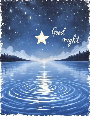 The primary subject of the image is a star, which is prominently displayed in the sky. The setting is a serene nighttime scene with a lake, trees, and a forest in the background. The visual style is a combination of digital art and illustration, creating a beautiful and peaceful atmosphere. The colors and mood of the image are predominantly blue, with the star and the night sky adding a touch of warmth and tranquility.