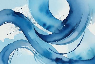 The primary subject of the image is a blue and white painting of a whale. The whale is depicted in a swirling motion, giving the impression of a wave. The setting is a blue background, which complements the whale's colors. The visual style is a painting, which showcases the artist's skill in capturing the whale's movement and the overall atmosphere is one of tranquility and beauty.