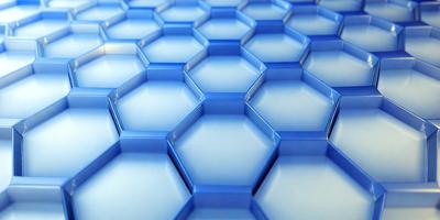 The primary subject of the image is a blue hexagonal tile with a white interior. The setting is a blue background, and the visual style is a close-up of the tile. The dominant colors are blue and white, creating a clean and modern atmosphere.