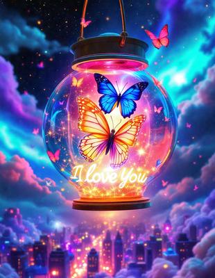 The primary subject of the image is a glass jar filled with butterflies, which are illuminated by a light source. The jar is placed in a purple and blue sky, creating a vibrant and colorful scene. The visual style of the image is a digital art or illustration, with the butterflies and jar appearing as a detailed and intricate design. The colors and mood of the image are lively and cheerful, with the purple and blue hues adding a sense of warmth and