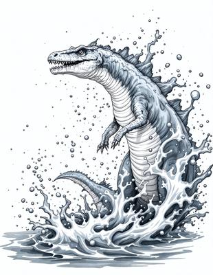 The primary subject of the image is a large, long-necked, and long-tailed dinosaur, possibly a crocodile or a similar creature, swimming in the ocean. The dinosaur is surrounded by a splash of water, indicating that it is moving through the water. The setting is the ocean, with the dinosaur being the main focus of the scene. The visual style of the image is a combination of digital art and illustration, creating a dynamic and detailed representation of the dinosaur in