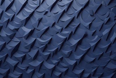 The primary subject of the image is a blue wall with a pattern of waves or ripples. The setting is a room with a blue background, and the visual style appears to be a digital art or illustration. The dominant colors are blue and white, creating a calm and soothing atmosphere.