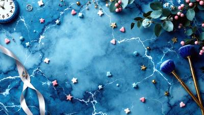 The primary subject of the image is a blue marbled surface with stars and hearts scattered across it. The setting is a blue background, and the visual style appears to be a combination of digital art and illustration. The dominant colors are blue and white, creating a calm and serene atmosphere.