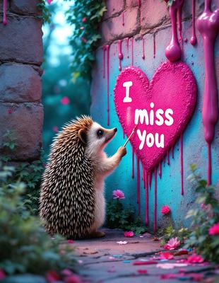 Primary subject: A hedgehog painting a heart on a pink wall.

Setting/background: The hedgehog is standing in front of a pink wall with a heart painted on it.

Visual style: The image is a digital artwork.

Colors and mood: The dominant colors are pink and red, creating a warm and cheerful atmosphere.