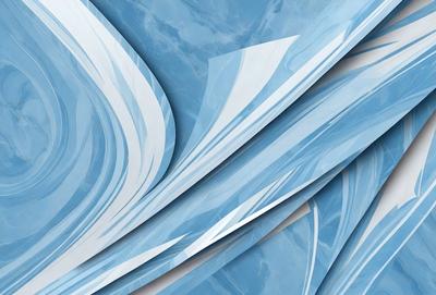 The primary subject of the image is a blue and white patterned wallpaper. The setting is a room with a blue and white color scheme. The visual style is a digital art or illustration, creating a modern and sophisticated atmosphere. The dominant colors are blue and white, which contribute to a calm and soothing mood.