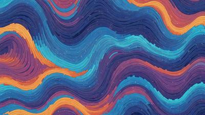 The primary subject of the image is a colorful, abstract design featuring a mix of blue, orange, and purple hues. The setting is a blue and orange background, which complements the vibrant colors of the design. The visual style appears to be a combination of digital art and illustration, creating a unique and eye-catching pattern. The overall atmosphere is lively and energetic, with the colors and patterns creating a sense of movement and dynamism.