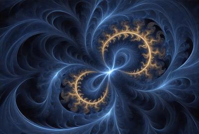 The primary subject of the image is a blue and yellow spiral pattern, which appears to be a digital art or illustration. The setting is a dark blue background, creating a contrasting effect with the spiral pattern. The visual style suggests that the image is a creative and artistic representation of a spiral, possibly inspired by nature or abstract concepts. The colors and mood of the image are vibrant and dynamic, with the blue and yellow hues evoking a sense of movement and energy.