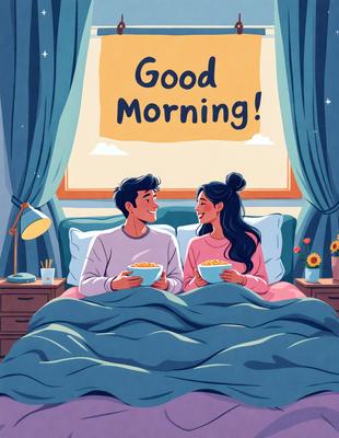The primary subject of the image is a man and a woman lying in bed together. They are both smiling and enjoying their time together. The setting is a bedroom, with a bed visible in the scene. The visual style is a digital art or illustration, creating a warm and cozy atmosphere. The colors are predominantly warm and soft, with the bed and the couple's clothing being predominantly pink and white.