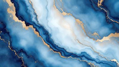 The primary subject of the image is a blue and gold painting featuring a cloudy sky. The setting is a blue and gold background, which adds to the overall visual style. The painting appears to be a digital art or illustration, showcasing a unique and artistic representation of the cloudy sky. The colors and mood of the painting are predominantly blue and gold, creating a serene and calming atmosphere.
