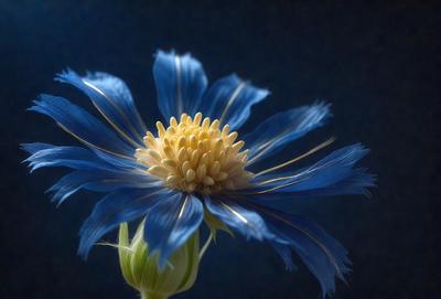 The primary subject of the image is a blue flower with a yellow center, which is the main focus of the image. The setting is a dark blue background, which contrasts with the vibrant colors of the flower. The visual style is a close-up of the flower, showcasing its details. The dominant colors are blue and yellow, creating a calm and serene atmosphere.