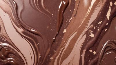 The primary subject of the image is a close-up of a chocolate sauce, which appears to be a chocolate fountain. The setting is a table, and the visual style is a close-up of the chocolate sauce. The colors and mood of the image are predominantly brown, with a rich and indulgent atmosphere.