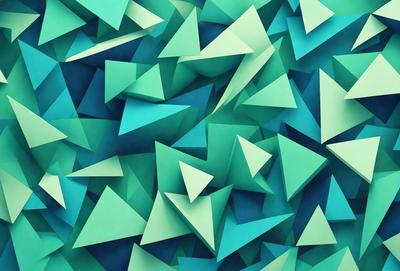 The primary subject of the image is a large, colorful arrangement of green triangles. The setting is a blue background, which creates a vibrant contrast with the green triangles. The visual style is a combination of digital art and illustration, giving the image a unique and eye-catching appearance. The dominant colors are green and blue, creating a lively and energetic mood.