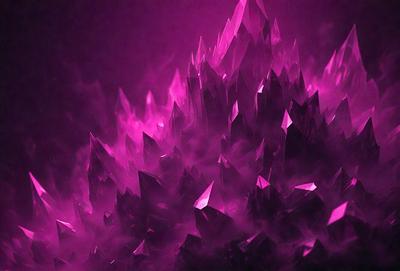 The primary subject of the image is a large, purple crystal formation. The setting is a dark, purple background, which creates a dramatic contrast with the crystal. The visual style appears to be a combination of digital art and illustration, giving the image a unique and intriguing appearance. The dominant colors in the image are purple and black, creating a moody and mysterious atmosphere.