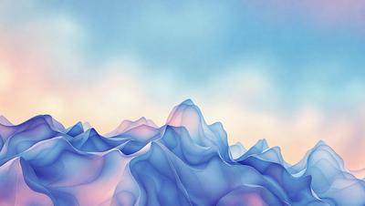 The primary subject of the image is a mountain range, with a blue sky serving as the backdrop. The visual style of the image is digital art, as it appears to be a computer-generated or manipulated image. The colors and mood of the image are predominantly blue, creating a serene and calming atmosphere.
